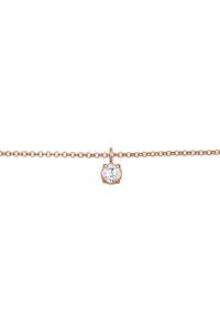 Collier en chaîne en or rose avec un pendentif en cristal transparent unique, en forme ronde, avec un sertissage floral pour plus de détails.