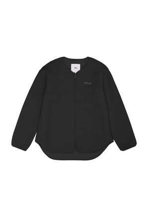 Chaqueta de forro polar negra con cuello redondo, cierre de cremallera, bolsillos laterales y dobladillo curvado. Muestra un logotipo sutil en el pecho.