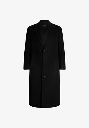 Czarny wełniany płaszcz o klasycznym wzorze, z klapami, pięcioma guzikami i dwiema przednimi kieszeniami. Gładka tekstura z dopasowaną sylwetką.