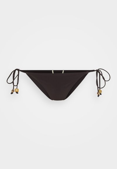 Black bikini bottom with adjustable tie sides, featuring decorative beads and a minimalist design. Soft fabric with a smooth texture.