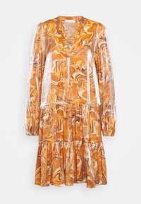 Orange and brown marble-patterned dress with a deep V-neck, long sleeves, and tiered ruffle hem, made from a lightweight, sheer fabric.