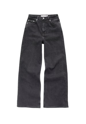 Black wide-leg jeans made of denim; featuring five pockets, a high waist, and subtle whiskering detail on the front.