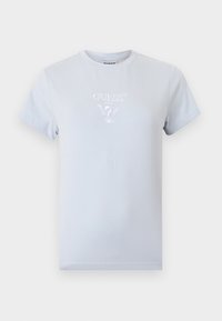 Ανοιχτό μπλε T-shirt με κοντά μανίκια και στρογγυλή λαιμόκοψη, με λευκό λογότυπο GUESS και γραφικό ερωτηματικό στο κέντρο του στήθους.