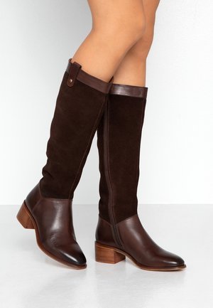 Bottes hautes jusqu'aux genoux de couleur brun foncé, combinant cuir lisse et suède, avec des talons bas empilés et une fermeture éclair latérale, portées sur des jambes nues.