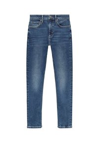 Uske tanke plave traperice s izblijedjelim završetkom, dizajnom s pet džepova, metalnim gumbom i zatvaračem, te šivanim detaljima duž šavova.