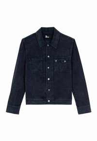 Mörkblå kordjaket med långa ärmar, knappfront, spetsig krage och två bröstfickor, en ficka med lock och knappar.