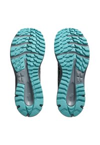 Des chaussures de course avec une semelle en caoutchouc texturé grise et bleu-vert, présentant des motifs de traction marqués et des détails de conception qui assurent un bon soutien.