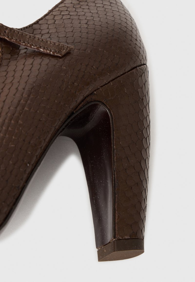 Brauner Absatzschuh mit strukturiertem Schlangenhautmuster, einer sich verjüngenden Form und einem glänzenden, dunkelbraunen Absatz. Mit einer Schleifendetail akzentuiert.