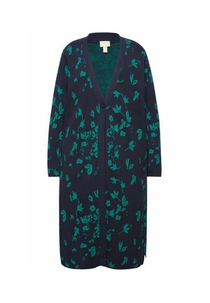 Navy cardigan with green floral pattern, featuring a V-neck, long sleeves, and two side slits. Made from soft knitted fabric.