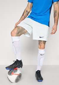 Fotbalový dres Nike s modrým trikem s krátkým rukávem, bílými šortkami a černými kopačkami. Hráč stojí na černo-bílém vzorovaném fotbalovém míči.