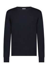 Marineblauer Strickpullover, Rundhalsausschnitt, gerippte Bündchen und Saum, glatte Textur, dezente Markenkennzeichnung auf der Brust, figurbetonte Silhouette.