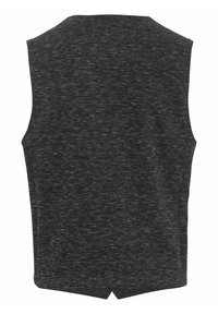 Chaleco sin mangas de tela texturizada gris oscuro con dobladillo recto y pequeña muesca en la parte posterior central inferior.