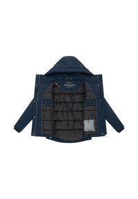 Marineblauwe geïsoleerde jack met een capuchon, voorzien van een rits aan de voorkant, binnenzakken en een gevoerde zwarte voering voor extra warmte.