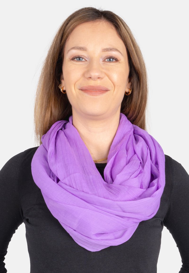 Purple lightweight scarf made of soft, flowing material, loosely wrapped. Smooth texture with no visible patterns or hardware details.