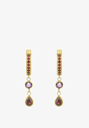 Gold hoop earrings with embedded red stones, each featuring a dangling round purple and teardrop-shaped deep red gemstone.
