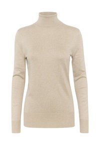 Pull à col roulé beige en maille douce, doté de manches longues et d'une coupe ajustée, avec un col et des poignets côtelés.