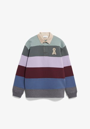 Langärmliges Rugby-Shirt mit beigem Kragen und horizontalen Streifen in grau-grün, dunkelgrau, lavendel, kastanienbraun, blau und grau, mit einem beigen Logo auf der Brust.