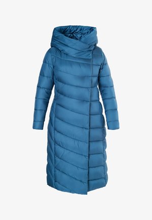 Cappotto imbottito lungo con cappuccio di un ricco colore blu. Presenta un trapuntatura orizzontale, un ampio colletto e un design con apertura frontale. Texture liscia.
