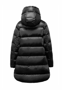 Schwarze Steppjacke mit Kapuze, aus glänzendem, gestepptem Material. Verfügt über horizontale Segmente zur Isolation und hat eine Länge bis zur Mitte des Oberschenkels.