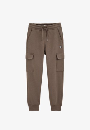 Pantalones cargo de algodón marrón con cintura elástica, cordón ajustable, bolsillos laterales y dos grandes bolsillos cargo. Detallados con un pequeño logotipo.