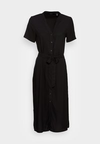 Schwarzes Kleid aus weichem Stoff, mit kurzen Ärmeln, einer Knopfleiste auf der Vorderseite, einem Bindegürtel in der Taille und einem mittellangen Design.