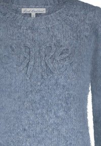 Lichtblauwe gebreide trui met verhoogd bloemenpatroon en ronde hals, maat small, zichtbaar merklabel van Red Button.