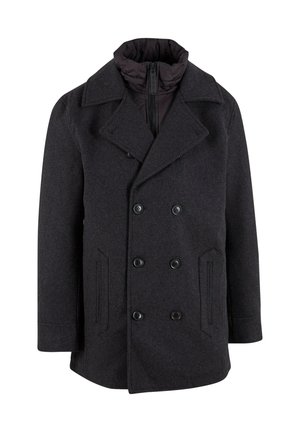 Doppelreiher-Männer-Peacoat aus dunkelgrauem Wollstoff; verfügt über breite Revers, zwei Seitentaschen und einen mit Reißverschluss versehenen inneren Kragen für zusätzliche Wärme.