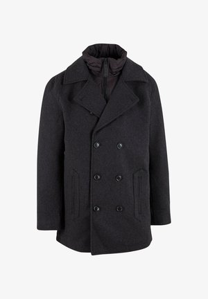 Abrigo de hombre de doble botonadura en lana gris oscuro; cuenta con amplias solapas, dos bolsillos laterales y un cuello interior con cremallera para mayor calidez.