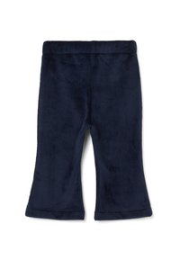 Navy corduroy broek met een flared leg ontwerp. Zachte textuur en een elastische tailleband, met verticale ribbelstructuren overal.