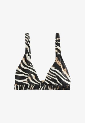 Dwukolorowy bikini w trójkątnym kształcie, w czarne i białe paski, z cienkimi ramiączkami, marszczoną elastyczną taśmą na dole oraz gładką fakturą materiału.