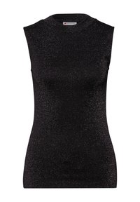 Černý tílko bez rukávů s vysokým límcem, vyrobený z lesklé, texturované látky s jemným třpytivým efektem. Jednoduchý, přiléhavý střih.