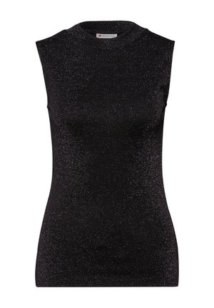 Černý tílko bez rukávů s vysokým límcem, vyrobený z lesklé, texturované látky s jemným třpytivým efektem. Jednoduchý, přiléhavý střih.