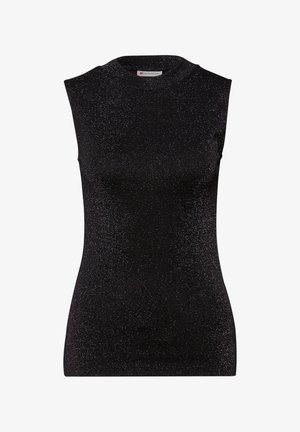 Top nero senza maniche con alto scollo, realizzato in un tessuto lucido e testurizzato con una finitura glitterata sottile. Design semplice e aderente.
