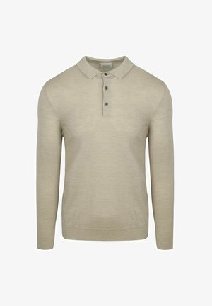 Beiges Langarm-Polohemd mit klassischem Kragen, Drei-Knopf-Leiste und gerippten Bündchen, gefertigt aus glattem, fein strukturiertem Material.