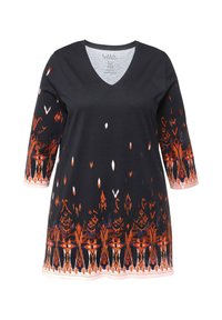 Schwarze Tunika mit Dreiviertelärmeln, die am Saum ein orange-blaues geometrisches Muster und einen V-Ausschnitt aufweist. Weiche Stofftextur.