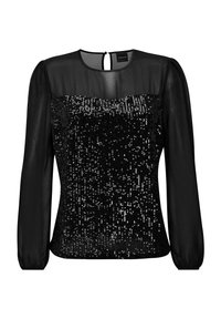 Schwarze Bluse mit transparenten langen Ärmeln und einem mit Pailletten verzierten Vorderteil. Runder Hals mit einem Schlitzdetail hinten. Glatte Textur.