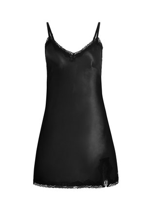 Zwarte satijnen tanktop met kantafwerking bij de halslijn en zoom, voorzien van verstelbare bandjes en een delicatieve strikdetail aan de voorkant.