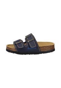 Infradito blu navy con due cinturini regolabili, cuciture bianche a contrasto e una soletta in sughero. Presenta una suola in gomma nera.