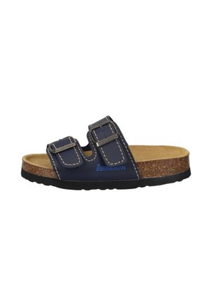 Navyblaue Sandale mit zwei verstellbaren Riemen, kontrastierenden weißen Nähten und einem Korkfußbett. Verfügt über eine schwarze Gummisohle.