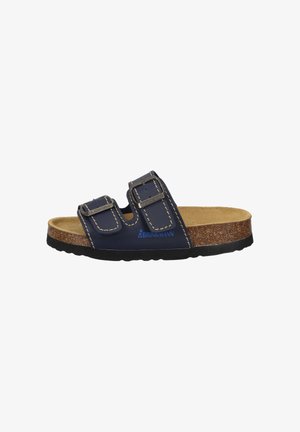 Navyblaue Sandale mit zwei verstellbaren Riemen, kontrastierenden weißen Nähten und einem Korkfußbett. Verfügt über eine schwarze Gummisohle.