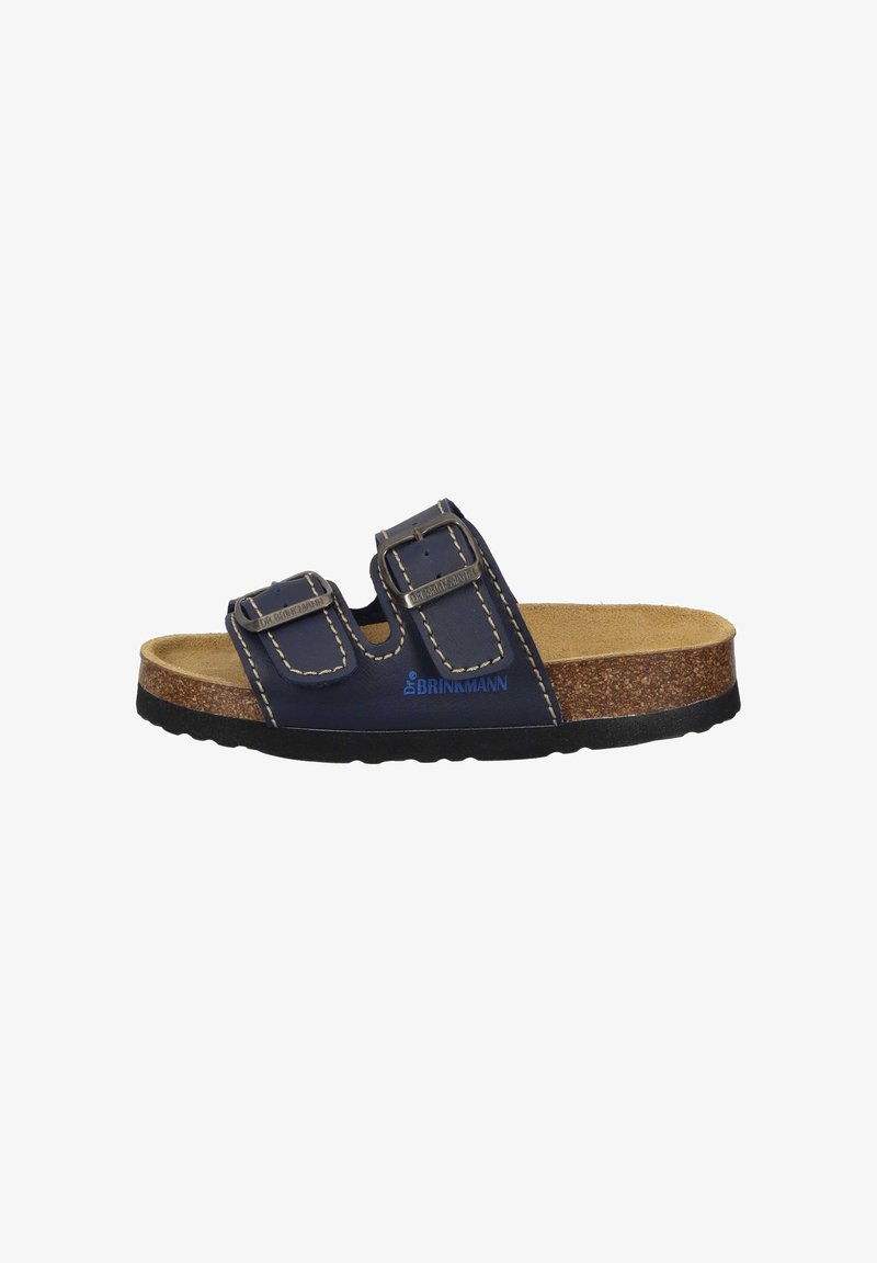 Infradito blu navy con due cinturini regolabili, cuciture bianche a contrasto e una soletta in sughero. Presenta una suola in gomma nera.