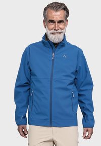 Blaue wasserdichte Jacke mit Stehkragen, durchgehendem Reißverschluss, Seitentaschen und elastischen Bündchen. Der Stoff wirkt glatt und leicht.