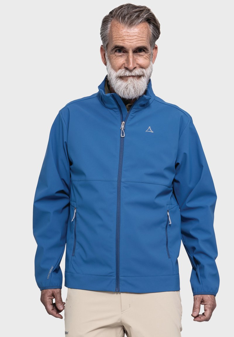 Blaue wasserdichte Jacke mit Stehkragen, durchgehendem Reißverschluss, Seitentaschen und elastischen Bündchen. Der Stoff wirkt glatt und leicht.