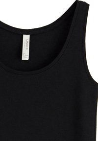 Zwarte tanktop van katoen, met een ronde halslijn en een gladde textuur. Labels zichtbaar aan de binnenkant van het kledingstuk.