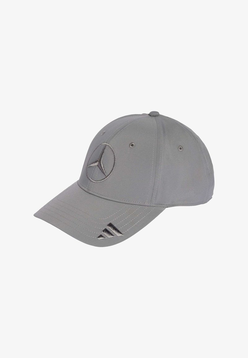 Gray baseball cap with Mercedes-Benz star logo on front and Adidas three-stripe logo embroidered on the brim.
