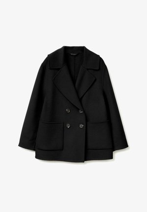 Black wool-blend double-breasted coat with large notched collar, two front pockets, and four round buttons for closure.