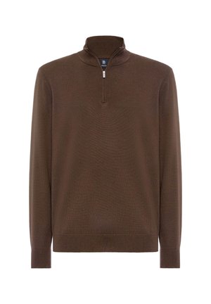 Brown, long-sleeve pullover with a half-zip collar, made of soft knit fabric. Features a fitted design and a smooth texture.