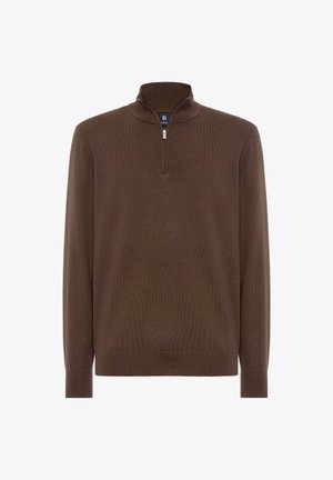 Brown, long-sleeve pullover with a half-zip collar, made of soft knit fabric. Features a fitted design and a smooth texture.