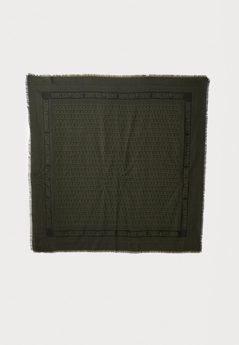 Dark green scarf featuring a subtle geometric pattern and fringe edges. Black branding text at the border. Made from a soft fabric.