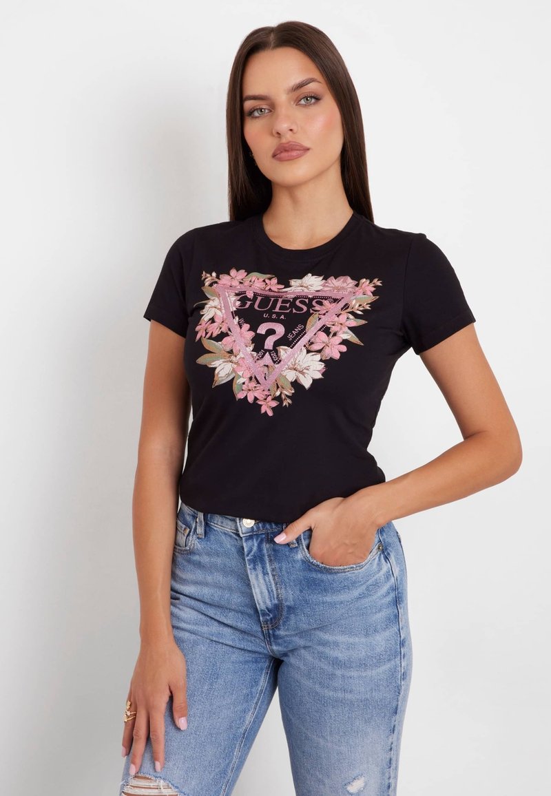 Guess STRETCH LOGO FIORI - Marškinėliai su spaudiniu - nero